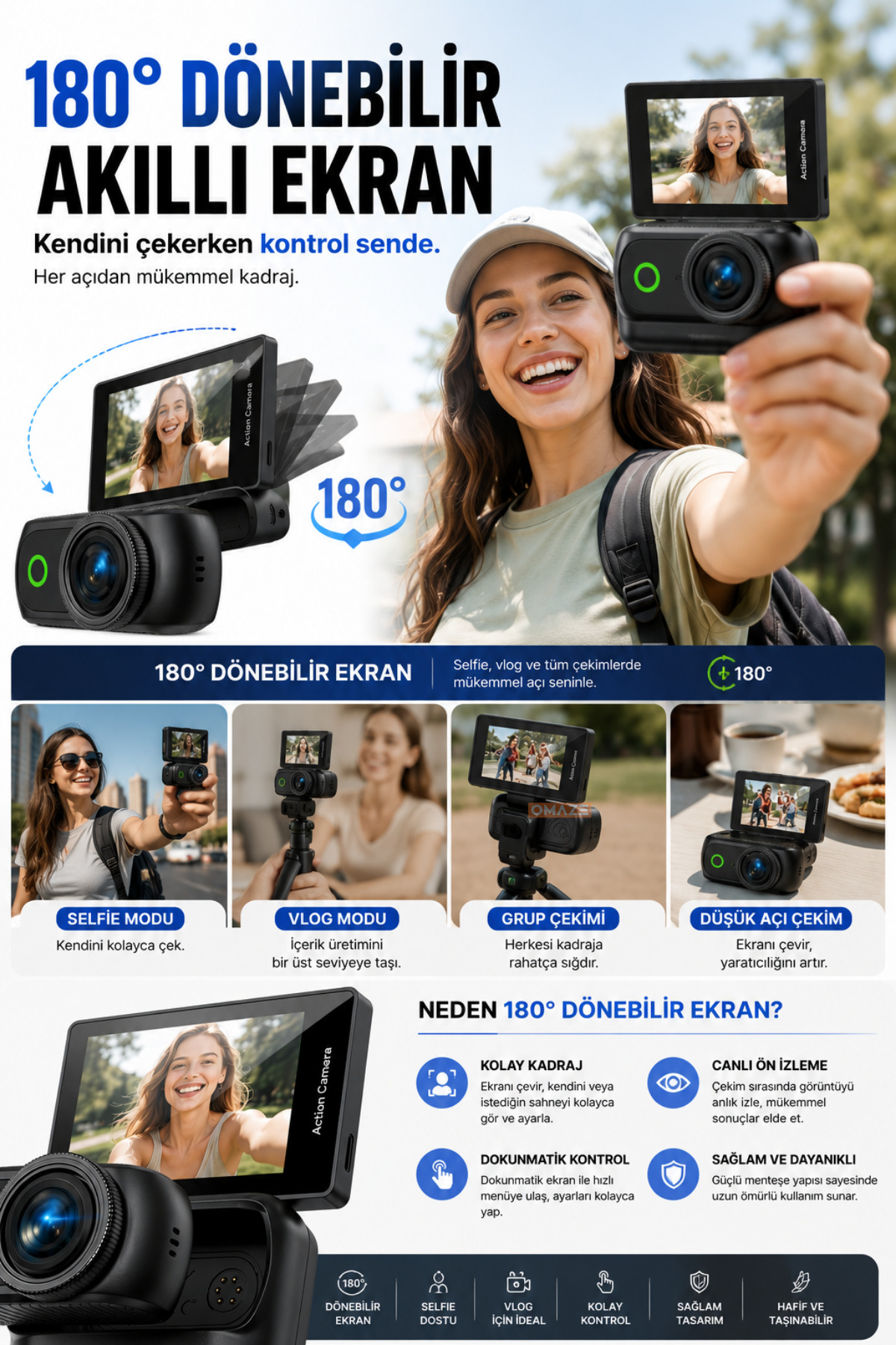 4K Ultra HD Hareketli Ekranlı Profesyonel Aksiyon Kamerası Manyetik Tutuş Flip Ekran Full Aparat